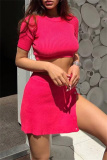 Casual O Neck Short Sleeve Buttons Knitted Crop Tops And Side Slit Mini Skirt Two Pieces Skirts Sets