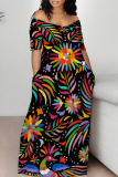 Casual Graphics Print Off Shoulder Short Sleeve Baggy Vacation Maxi T-shirt Dresses