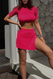 Casual O Neck Short Sleeve Buttons Knitted Crop Tops And Side Slit Mini Skirt Two Pieces Skirts Sets