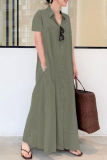 Casual Turndown Collar Short Sleeve Ankle Length Loose Vacation A Line Linen Shirt Maxi Dress