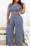 Casual Stripe Print O Neck Short Sleeve  Crop Tops And Side Slit Wide Leg Pants Vacation Plus Size Two Pieces Trouser Set