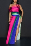 Casual Colorblock Print One Shoulder Side Slit Asymmetrical Cinch Waist Vacation A Line Maxi Dresses