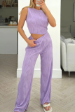 Casual Texture O Neck Sleeveless Tank Crop Tops And Wide Leg Pants Vacation Two Pieces Trouser Sets