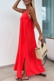 Casual Backless Sleeveless U Neck Side Slit Vacation Loose Long Slip Dress