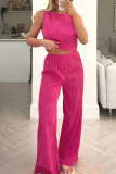 Casual Texture O Neck Sleeveless Tank Crop Tops And Wide Leg Pants Vacation Two Pieces Trouser Sets