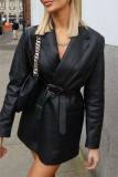 Formal Cardigan Turn-back Collar Long Sleeve Office Lady Leather Blazer Jacket
