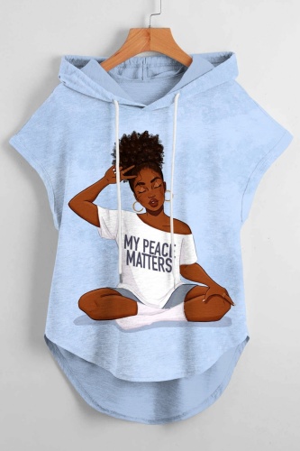 Casual Figure Print Sleeveless Irregular Hem Oversize Hooded Graphics T-shirt