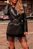 Formal Cardigan Turn-back Collar Long Sleeve Office Lady Leather Blazer Jacket