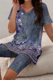 Casual Tropical Print V Neck Short Sleeve Oversize T-shirt And Skinny Shorts Vacation Two Pieces Shorts Sets