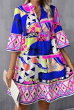 Casual Poho Print V Neck Flare Sleeve Ruffle Hem Vacation A Line Loose Mini Shirt Dresses