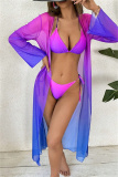 Casual Gradient Print Belted Bikini Sets Vacation Beach Long Cardigan Cover Up Three Piece Swimsuit Set (With Paddings)