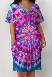 Casual Tie Dye Print V Neck Short Sleeve Pockets Plus Size T-shirt Midi Dresses