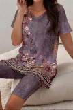 Casual Tropical Print V Neck Short Sleeve Oversize T-shirt And Skinny Shorts Vacation Two Pieces Shorts Sets