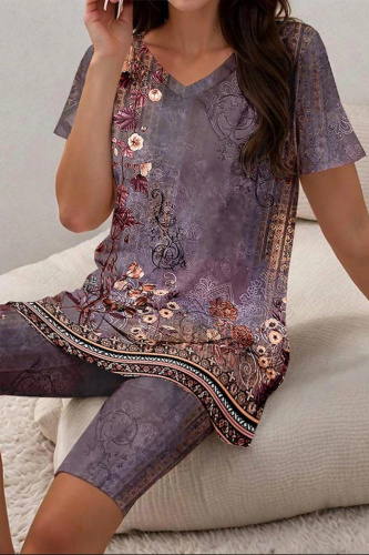 Casual Tropical Print V Neck Short Sleeve Oversize T-shirt And Skinny Shorts Vacation Two Pieces Shorts Sets