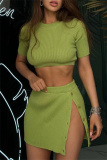 Casual O Neck Short Sleeve Buttons Knitted Crop Tops And Side Slit Mini Skirt Two Pieces Skirts Sets