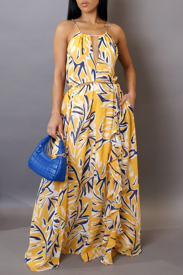 Casual Tropical Print Sleeveless Cinch Waist Vacation Halter A Line Maxi Dresses
