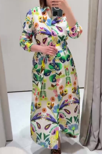Casual Floral Print Turndown Collar Long Sleeve With Belt Vacation A Line Maxi Shirt Dresses