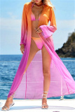 Casual Gradient Print Belted Bikini Sets Vacation Beach Long Cardigan Cover Up Three Piece Swimsuit Set (With Paddings)