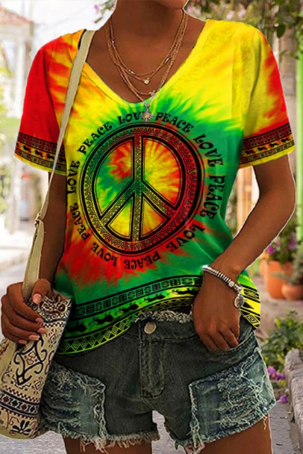 Casual Graphics Print V Neck Short Sleeve Vacation Oversize T-Shirts