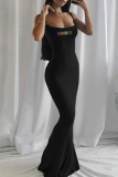 Sexy Letters Print Backless Hot Drill Mermaid Hem Spaghetti Strap Long Formal Party Vacation Maxi Slip Dresses