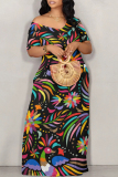 Casual Graphics Print Off Shoulder Short Sleeve Baggy Vacation Maxi T-shirt Dresses