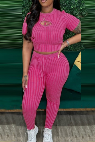 Sportwear Casual Letters O Neck Short Sleeve Hollow Out Draw String Crop Tops And Skinny Pants Two Pieces Trouser Sets