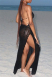 Sexy See-Through Backless Side Slit Belted Beach Vacation Swimwears Corchet Cover Up Dress