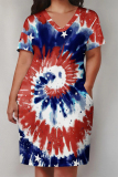Casual Tie Dye Print V Neck Short Sleeve Pockets Plus Size T-shirt Midi Dresses