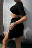 Casual O Neck Short Sleeve Buttons Knitted Crop Tops And Side Slit Mini Skirt Two Pieces Skirts Sets