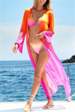 Casual Gradient Print Belted Bikini Sets Vacation Beach Long Cardigan Cover Up Three Piece Swimsuit Set (With Paddings)