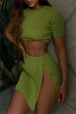 Casual O Neck Short Sleeve Buttons Knitted Crop Tops And Side Slit Mini Skirt Two Pieces Skirts Sets