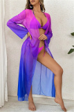 Casual Gradient Print Belted Bikini Sets Vacation Beach Long Cardigan Cover Up Three Piece Swimsuit Set (With Paddings)