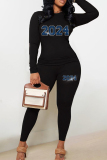 Sportwear Casual Digital Print Hot Drill O Neck Long Sleeve Tops And Skinny Pants Two Pieces Sweatpants Suit