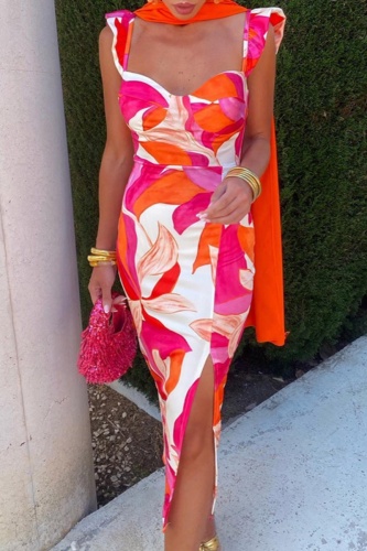 Sexy Floral Print Square Neck Sleeveless Side Slit Wrapped Skirt Vacation Evening Party Maxi Slip Dresses