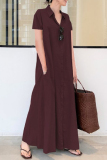 Casual Turndown Collar Short Sleeve Ankle Length Loose Vacation A Line Linen Shirt Maxi Dress