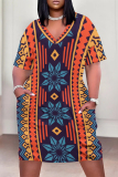 Casual Graphics Print V Neck Short Sleeve Pockets Plus Size T-shirt Midi Dresses