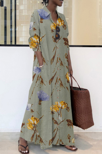 Floral Print Turndown Collar Short Sleeve Ankle Length Loose A Line Vacation Linen Shirt Dress