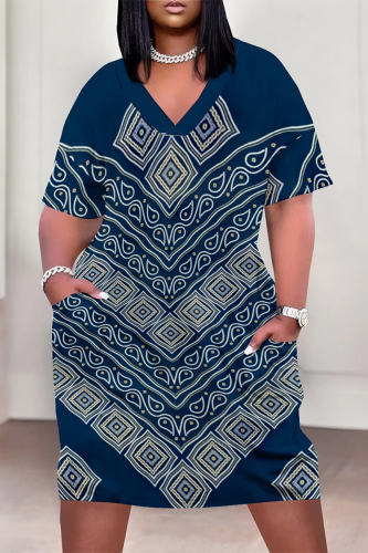 Casual Graphics Print V Neck Short Sleeve Pockets Plus Size T-shirt Midi Dresses
