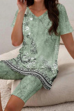Casual Tropical Print V Neck Short Sleeve Oversize T-shirt And Skinny Shorts Vacation Two Pieces Shorts Sets