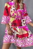 Casual Poho Print V Neck Flare Sleeve Ruffle Hem Vacation A Line Loose Mini Shirt Dresses