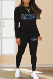 Sportwear Casual Digital Print Hot Drill O Neck Long Sleeve Tops And Skinny Pants Two Pieces Sweatpants Suit