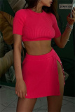 Casual O Neck Short Sleeve Buttons Knitted Crop Tops And Side Slit Mini Skirt Two Pieces Skirts Sets