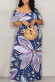 Casual Graphics Print Off Shoulder Short Sleeve Baggy Vacation Maxi T-shirt Dresses
