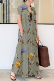 Casual Turndown Collar Short Sleeve Ankle Length Loose Vacation A Line Linen Shirt Maxi Dress