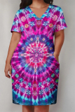Casual Tie Dye Print V Neck Short Sleeve Pockets Plus Size T-shirt Midi Dresses