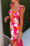 Sexy Floral Print Square Neck Sleeveless Side Slit Wrapped Skirt Vacation Evening Party Maxi Slip Dresses