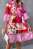 Casual Poho Print V Neck Flare Sleeve Ruffle Hem Vacation A Line Loose Mini Shirt Dresses