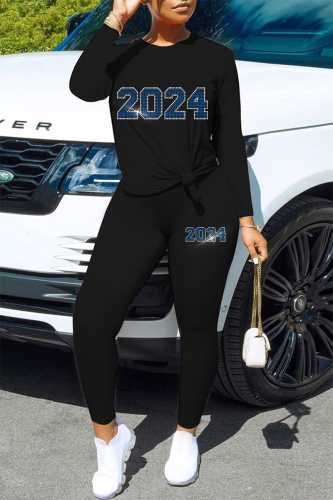 Sportwear Casual Digital Print Hot Drill O Neck Long Sleeve Tops And Skinny Pants Two Pieces Sweatpants Suit