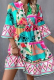 Casual Poho Print V Neck Flare Sleeve Ruffle Hem Vacation A Line Loose Mini Shirt Dresses