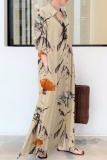 Floral Print Turndown Collar Short Sleeve Ankle Length Loose A Line Vacation Linen Shirt Dress